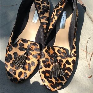 INC leopard fur slip on loafers